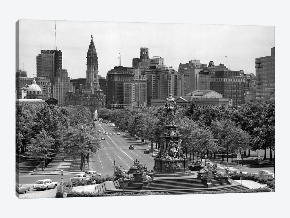 1950s Benjamin Franklin Parkway Looking Southwest From Art Museum Past Eakins To Logan Circle To City Hall Philadelphia Pa USA by Vintage Images 1-piece Canvas Wall Art