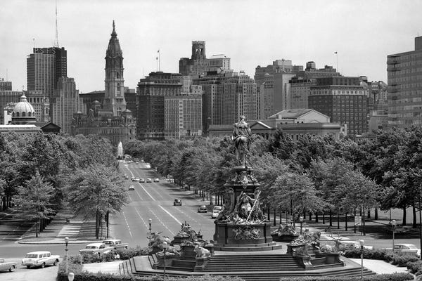 Pennsylvania: 1950s Benjamin Franklin Parkway Looking Southwest From Art Museum Past Eakins To Logan Circle To City Hall Philadelphia Pa USA by Vintage Images