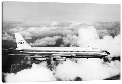 1950s Boeing 707 Passenger Jet Flying Through Clouds Canvas Art Print - Airplane Art