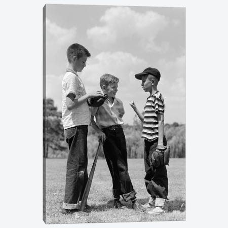 1950s Boys Baseball Threesome One Holding Bat Others Wearing Mitts Having Discussion Canvas Print #VTG278} by Vintage Images Art Print