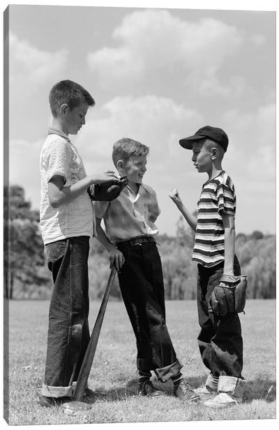 1950s Boys Baseball Threesome One Holding Bat Others Wearing Mitts Having Discussion Canvas Art Print - Vintage Images