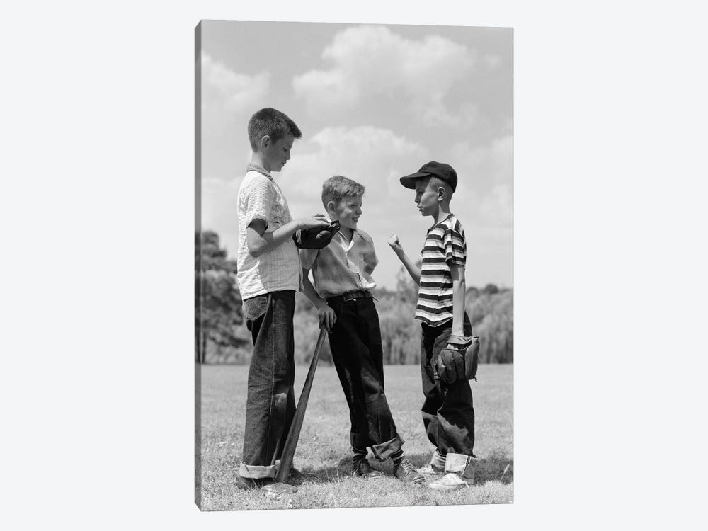 1950s Boys Baseball Threesome One Holding Bat Others Wearing Mitts Having Discussion by Vintage Images 1-piece Canvas Artwork