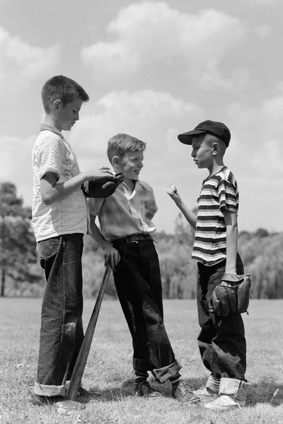 Kids Sports Art: 1950s Boys Baseball Threesome One Holding Bat Others Wearing Mitts Having Discussion by Vintage Images