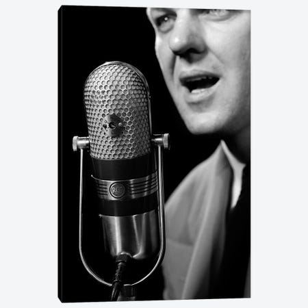1950s Close-Up Of Man Announcer Talking Into Microphone Newscaster Indoor Symbolic Freedom Of Speech Canvas Print #VTG284} by Vintage Images Canvas Art Print