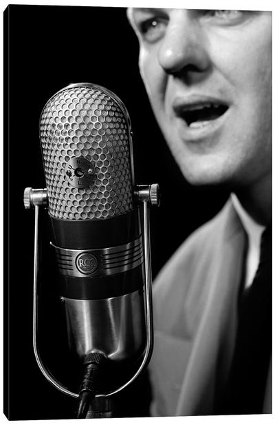 1950s Close-Up Of Man Announcer Talking Into Microphone Newscaster Indoor Symbolic Freedom Of Speech Canvas Art Print - Microphone Art