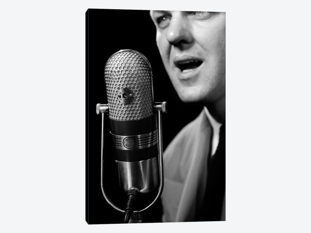 1950s Close-Up Of Man Announcer Talking Into Microphone Newscaster Indoor Symbolic Freedom Of Speech by Vintage Images 1-piece Canvas Print
