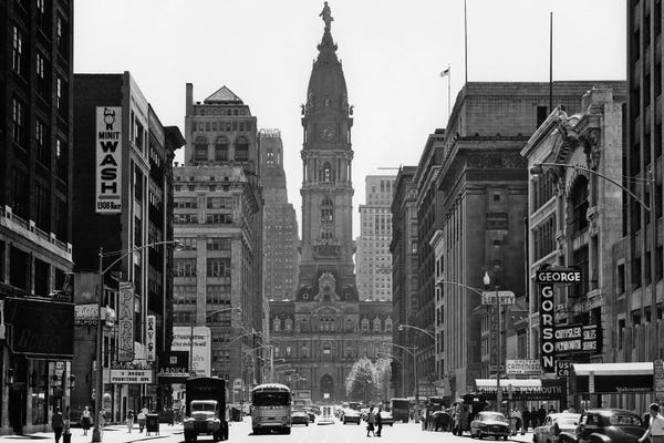 Vintage Images: 1950s Downtown Philadelphia PA USA Looking South Down North Broad Street At City Hall by Vintage Images