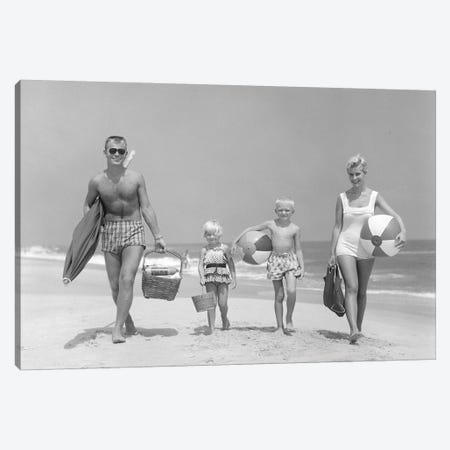 1950s Family Of Four Walking Towards Camera With Beach Balls Umbrella Picnic Basket And Sand Bucket Canvas Print #VTG289} by Vintage Images Canvas Wall Art