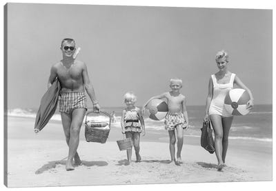1950s Family Of Four Walking Towards Camera With Beach Balls Umbrella Picnic Basket And Sand Bucket Canvas Art Print - Women's Swimsuit & Bikini Art