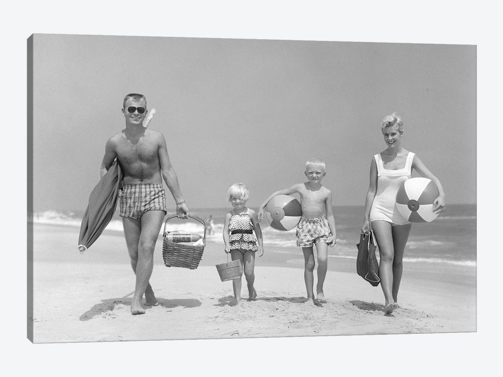 1950s Family Of Four Walking Towards Camera With Beach Balls Umbrella Picnic Basket And Sand Bucket by Vintage Images 1-piece Canvas Wall Art
