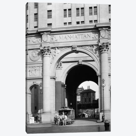 1916 One Of The Last Horse Drawn Trolleys Coming Through Arch Of The Municipal Building Lower Manhattan New York City USA Canvas Print #VTG28} by Vintage Images Canvas Wall Art
