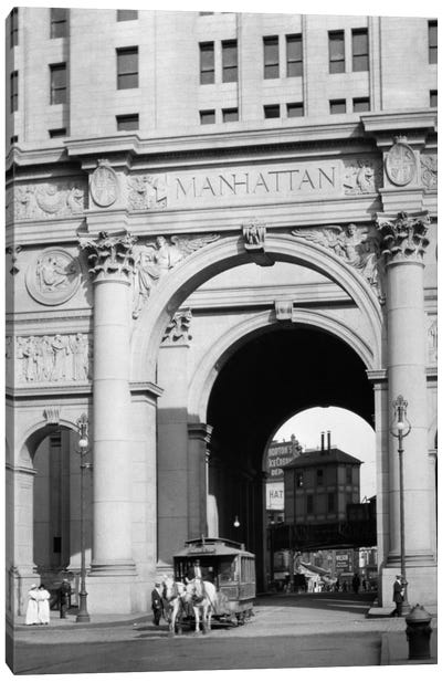 1916 One Of The Last Horse Drawn Trolleys Coming Through Arch Of The Municipal Building Lower Manhattan New York City USA Canvas Art Print - Arches