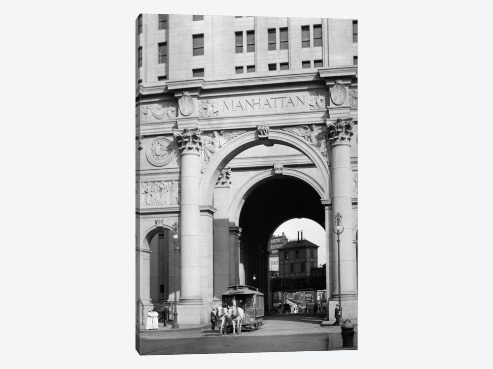 1916 One Of The Last Horse Drawn Trolleys Coming Through Arch Of The Municipal Building Lower Manhattan New York City USA by Vintage Images 1-piece Canvas Artwork