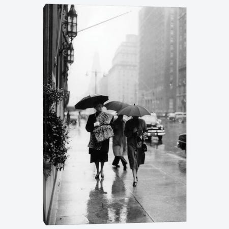 1950s Fashionable Woman Wearing Leopard Skin Muff And Stole Walking Down Rainy City Street Canvas Print #VTG290} by Vintage Images Canvas Print