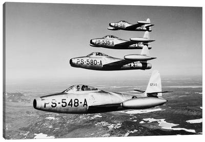1950s Four Us Air Force F-84 Thunderjet Fighter Bomber Airplanes In Flight Formation Canvas Art Print - Vintage & Retro Photography