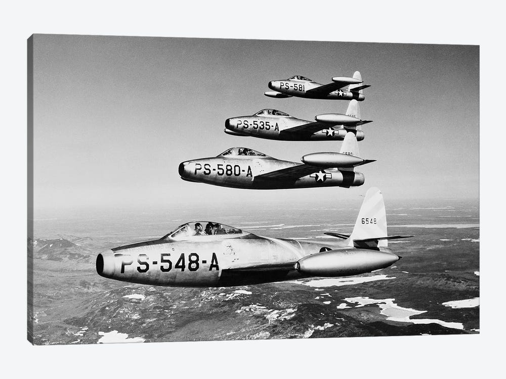 1950s Four Us Air Force F-84 Thunderjet Fighter Bomber Airplanes In Flight Formation by Vintage Images 1-piece Canvas Art Print