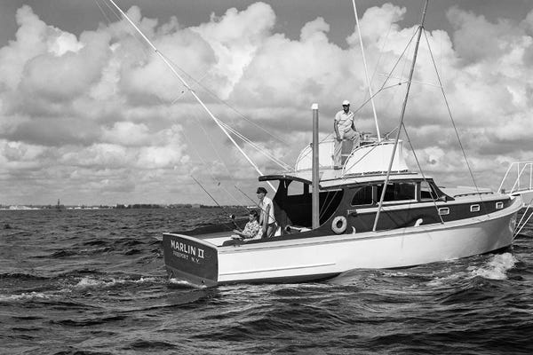 1950s Group Of 3 Men Trolling Off Of Fishing Boat In Gulf Stream