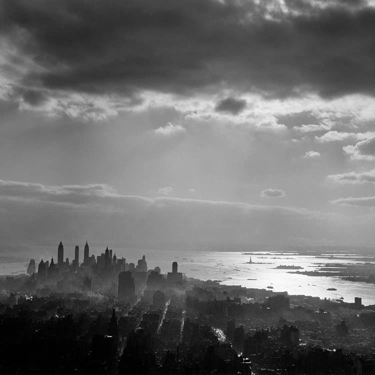 1950s Late Afternoon Light Throws Downtown Manhattan Into Silhouette Sun Reflecting On Bay & Hudson River