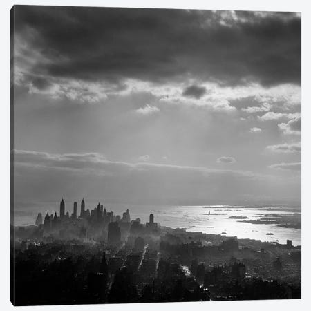 1950s Late Afternoon Light Throws Downtown Manhattan Into Silhouette Sun Reflecting On Bay & Hudson River Canvas Print #VTG300} by Vintage Images Art Print