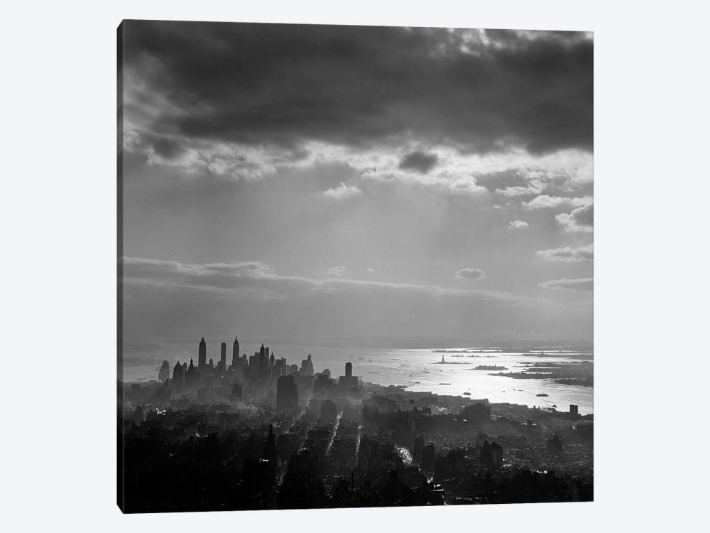 1950s Late Afternoon Light Throws Downtown Manhattan Into Silhouette Sun Reflecting On Bay & Hudson River by Vintage Images 1-piece Canvas Artwork