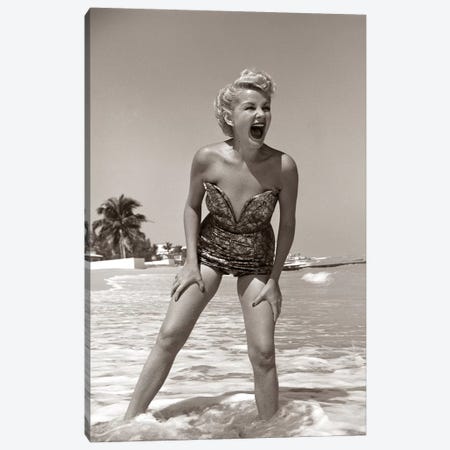 1950s Laughing Blonde Woman In Strapless Low Cut Bathing Suit Swim Wear Wading Up To Ankles In Surf Canvas Print #VTG301} by Vintage Images Canvas Print