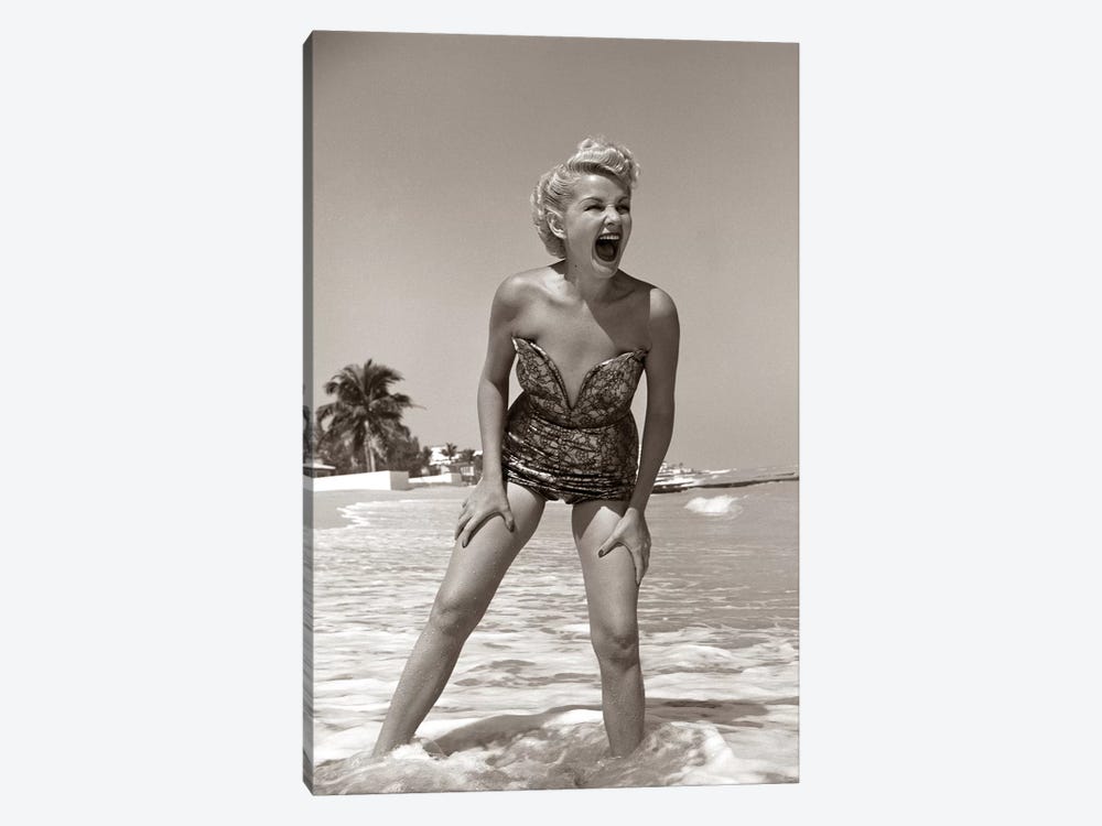 1950s Laughing Blonde Woman In Strapless Low Cut Bathing Suit Swim Wear Wading Up To Ankles In Surf by Vintage Images 1-piece Canvas Print