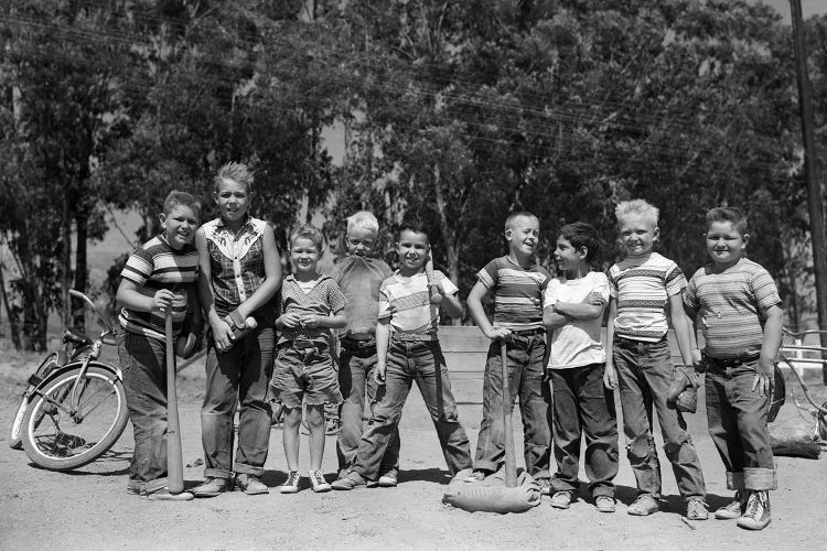 1950s Lineup Of 9 Boys In Tee Shirts With Bats & Mitts Facing Camera