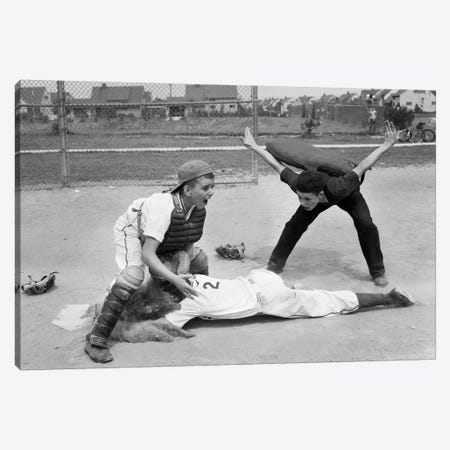 1950s Little League Umpire Calling Baseball Player Safe Sliding Into Home Plate Canvas Print #VTG305} by Vintage Images Canvas Art