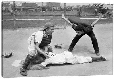 1950s Little League Umpire Calling Baseball Player Safe Sliding Into Home Plate Canvas Art Print - Teamwork Art