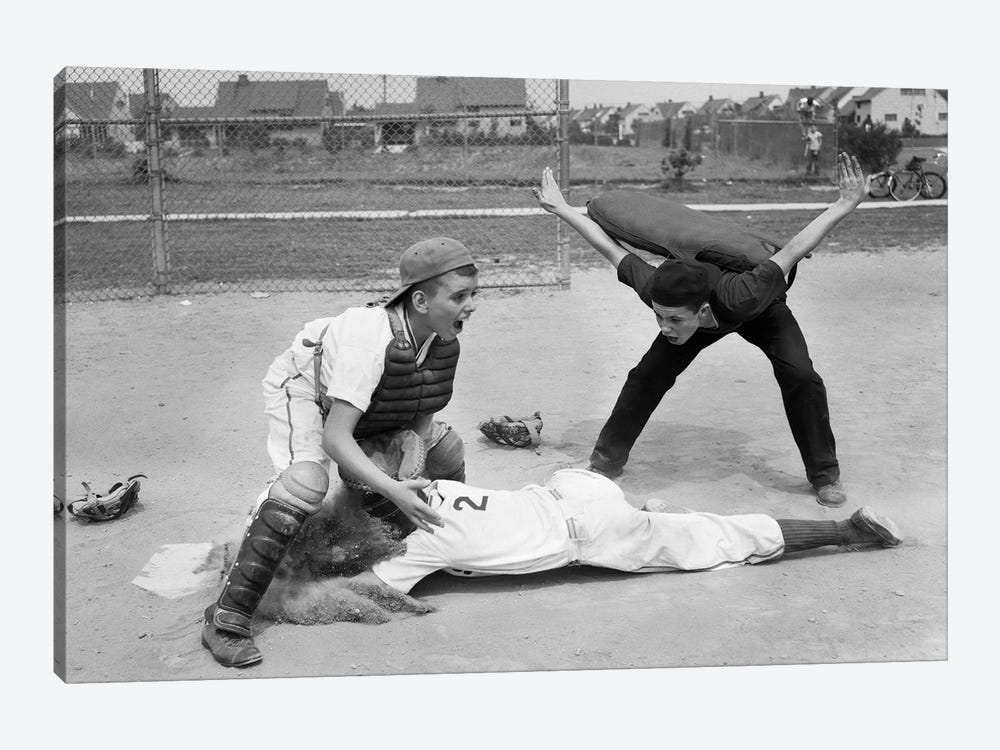 1950s Little League Umpire Calling Baseball Player Safe Sliding Into Home Plate by Vintage Images 1-piece Art Print