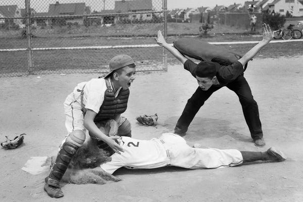Kids Sports Art: 1950s Little League Umpire Calling Baseball Player Safe Sliding Into Home Plate by Vintage Images