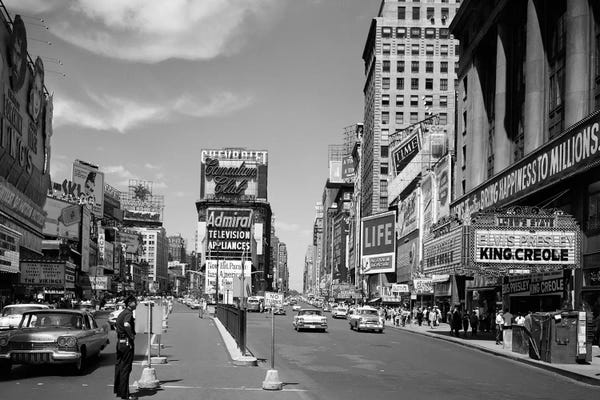 Times Square: 1950s Looking North Up Broadway From Times Square To Duffy Square King Creole On Movie Marquee Manhattan New York City USA by Vintage Images