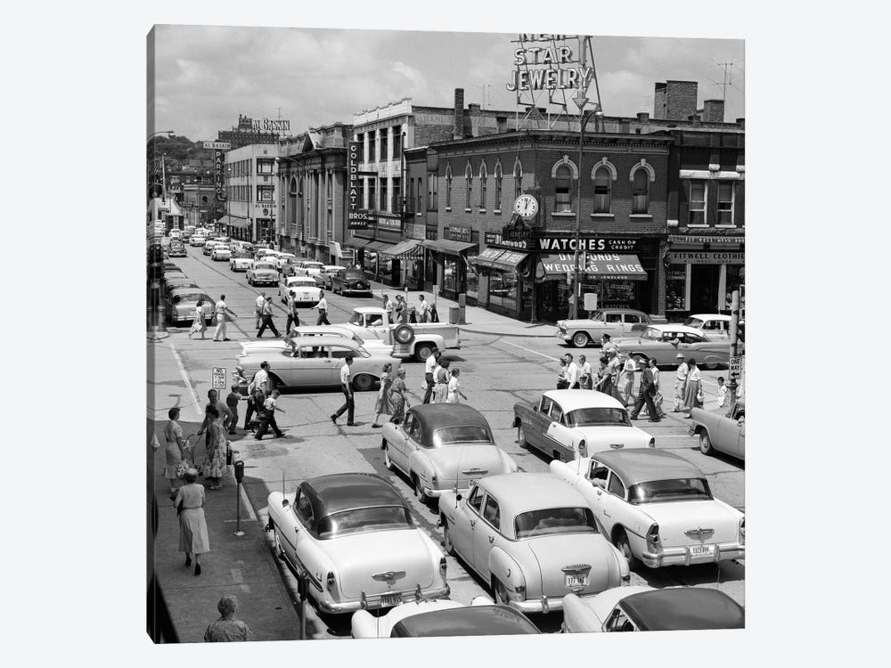 1950s Main Street Small Town America Intersection Of Chicago And Cass Streets Joliet Illinois USA by Vintage Images 1-piece Canvas Artwork