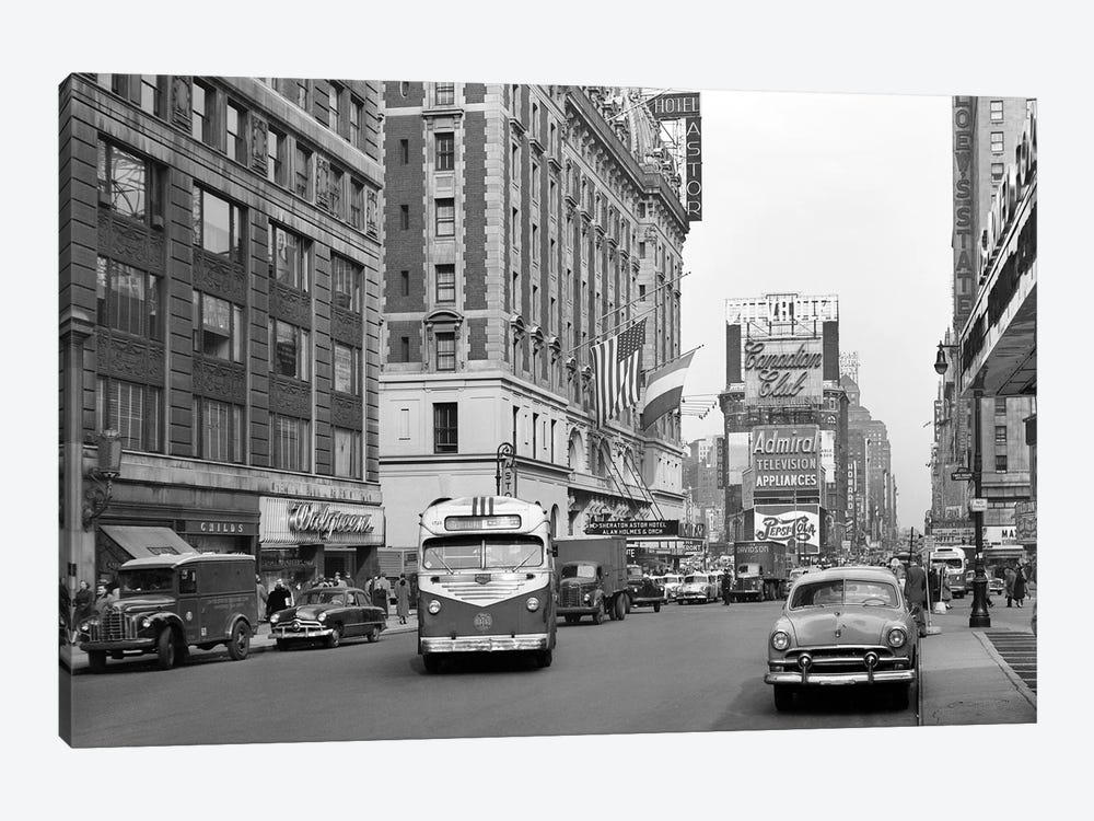1950s New York City Times Square Traffic Broadway Bus Looking North To Duffy Square From West 44Th Street NYC NY USA by Vintage Images 1-piece Canvas Print