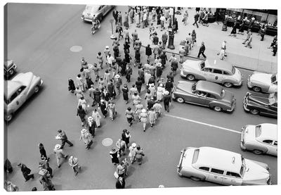1950s New York City, NY 5th Avenue Overhead View Of Traffic And Pedestrians Crossing Street Rush Hour Canvas Art Print - Vintage Images