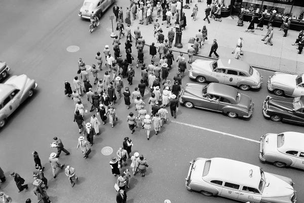 1950s New York City, NY 5th Avenue Overhead View Of Traffic And Pedestrians Crossing Street Rush Hour
