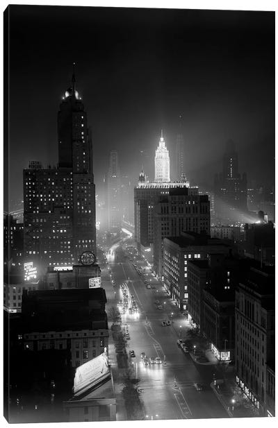 1950s Night Aerial Chicago Illinois Looking Down On Michigan Avenue Canvas Art Print - Vintage Images