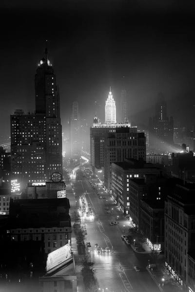 Chicago: 1950s Night Aerial Chicago Illinois Looking Down On Michigan Avenue by Vintage Images