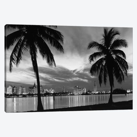 1950s Night Skyline View Across The Bay Two Palm Trees Silhouetted In Foreground Miami Florida USA Canvas Print #VTG324} by Vintage Images Canvas Wall Art
