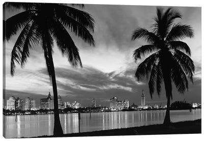 1950s Night Skyline View Across The Bay Two Palm Trees Silhouetted In Foreground Miami Florida USA Canvas Art Print - Miami
