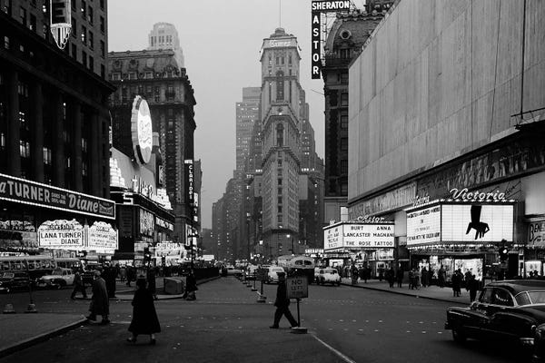 Manhattan: 1950s Night Times Square Looking South From Duffy Square To NY Times Building Movie Marquees New York City NY USA by Vintage Images