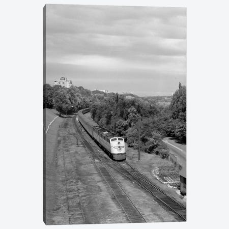 1950s Overhead View Of Streamlined Front Cab Diesel Locomotive Passenger Railroad Train Passing Through Suburban Area Canvas Print #VTG328} by Vintage Images Canvas Print