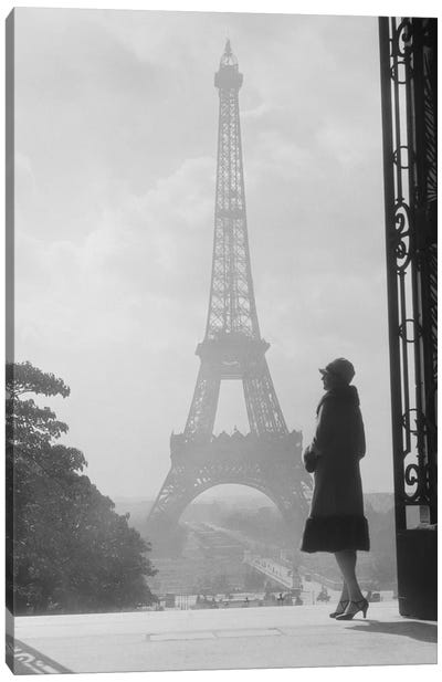 1920s Anonymous Silhouetted Woman Standing In Profile In The Trocadero Across The Seine From The Eiffel Tower Paris France Canvas Art Print - Paris Photography