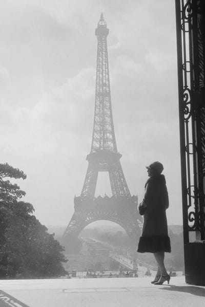 Paris Photography: 1920s Anonymous Silhouetted Woman Standing In Profile In The Trocadero Across The Seine From The Eiffel Tower Paris France by Vintage Images
