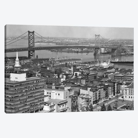 1950s Philadelphia PA USA Looking Northeast Past Delaware River Waterfront To Benjamin Franklin Suspension Bridge To Camden NJ Canvas Print #VTG331} by Vintage Images Canvas Art