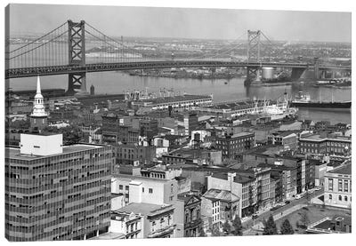 1950s Philadelphia PA USA Looking Northeast Past Delaware River Waterfront To Benjamin Franklin Suspension Bridge To Camden NJ Canvas Art Print - Philadelphia Art