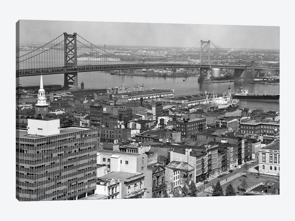 1950s Philadelphia PA USA Looking Northeast Past Delaware River Waterfront To Benjamin Franklin Suspension Bridge To Camden NJ by Vintage Images 1-piece Canvas Art