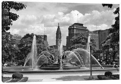 1950s Philadelphia PA USA Looking Southeast Past Swann Fountain At Logan Circle To City Hall Tower Canvas Art Print - Vintage & Retro Photography