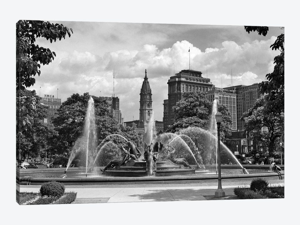 1950s Philadelphia PA USA Looking Southeast Past Swann Fountain At Logan Circle To City Hall Tower by Vintage Images 1-piece Canvas Art