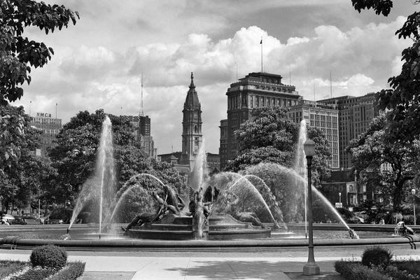 Pennsylvania: 1950s Philadelphia PA USA Looking Southeast Past Swann Fountain At Logan Circle To City Hall Tower by Vintage Images